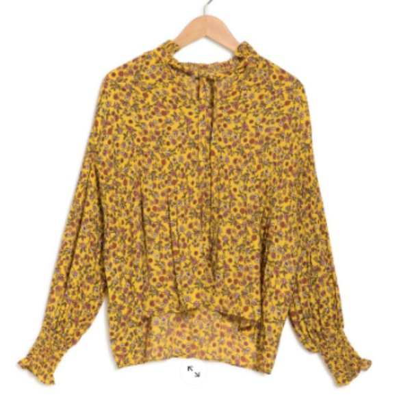 NEW Max Studio Yellow Floral Print Tie Neck Long Sleeve Release Pleat Blouse MED - Picture 5 of 12